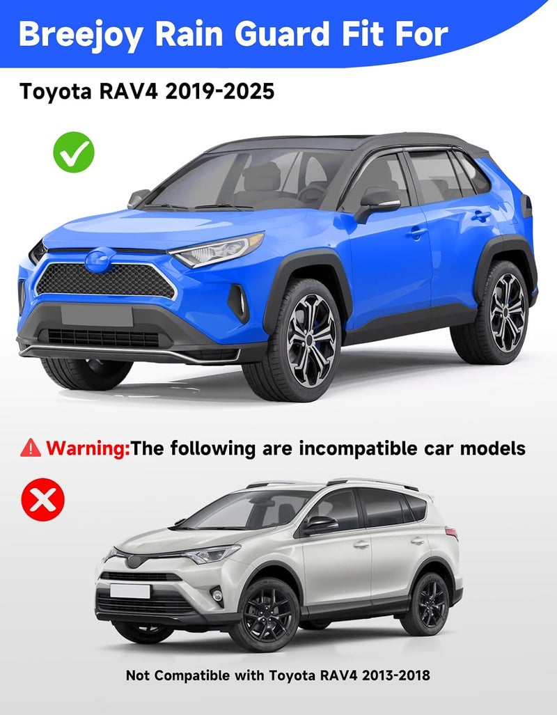 Breejoy 6 pcs Tape-On Window Rain Guards Fit for Toyota Rav4 2019 2020 2021 2022 2023 2024 2025 Rav 4,Low-Profile Visors Vent Visors Window Deflector Out-Channel Vent Shades Car Accessories -6 pcs - Image 3